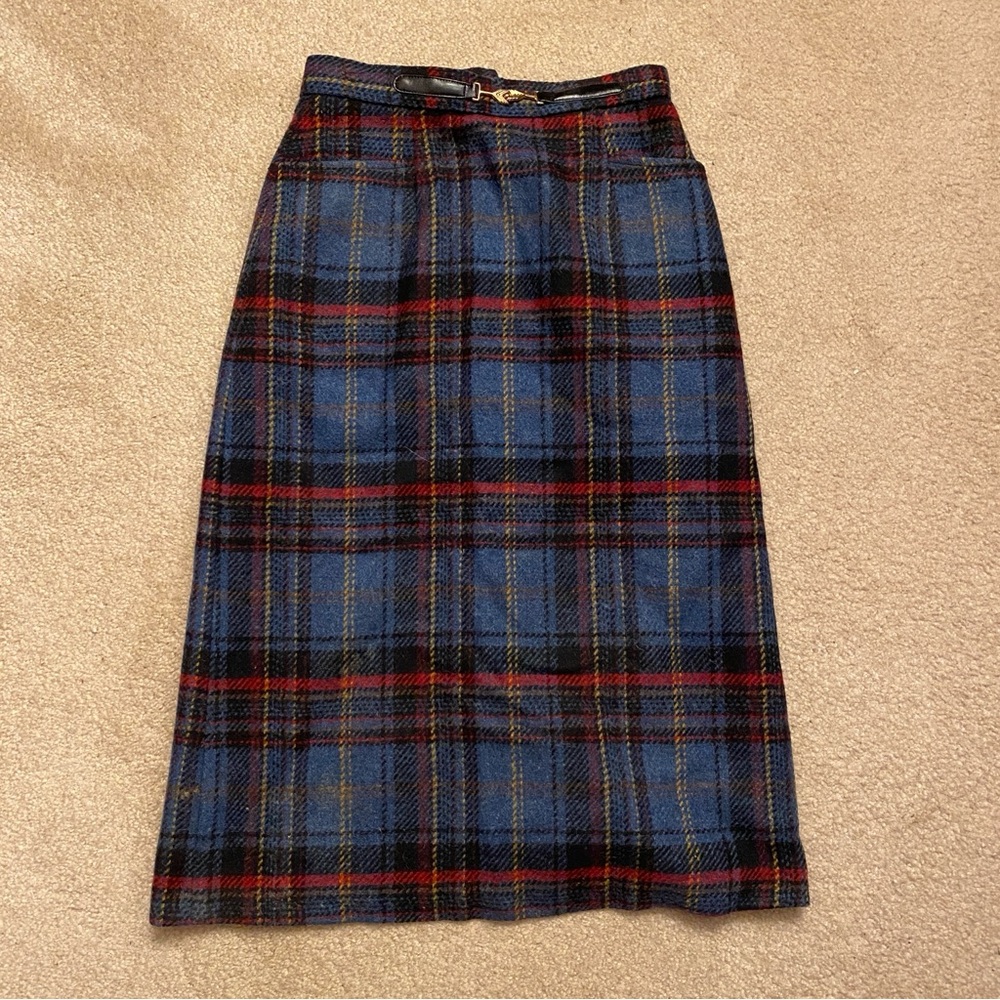 Blue/Red Plaid Midi Wool Skirt